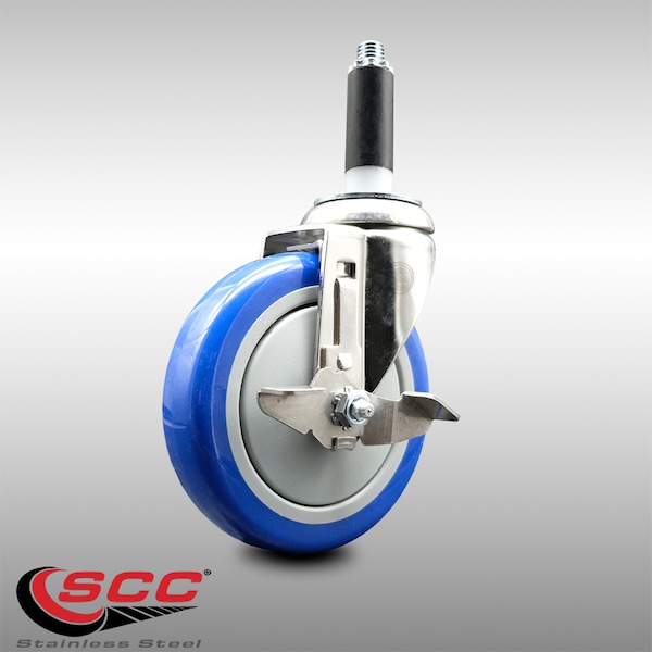 Service Caster 5 Inch 316SS Blue Polyurethane Swivel 7/8 Inch Expanding Stem Caster Brake SCC-SS316EX20S514-PPUB-BLUE-TLB-78 - main